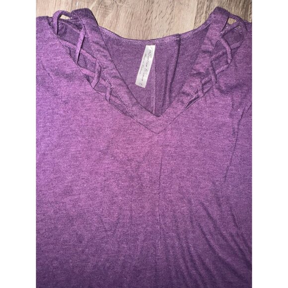 Purple Cotton Womens Lattice V-Neck Top Size L By Zena Waller - Picture 3 of 7